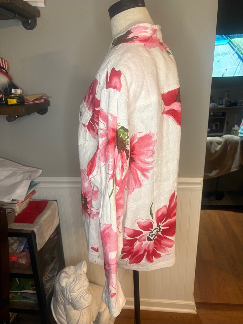 White Linen Floral Button Jacket with Pink Red Blooms - Picture 2 of 6
